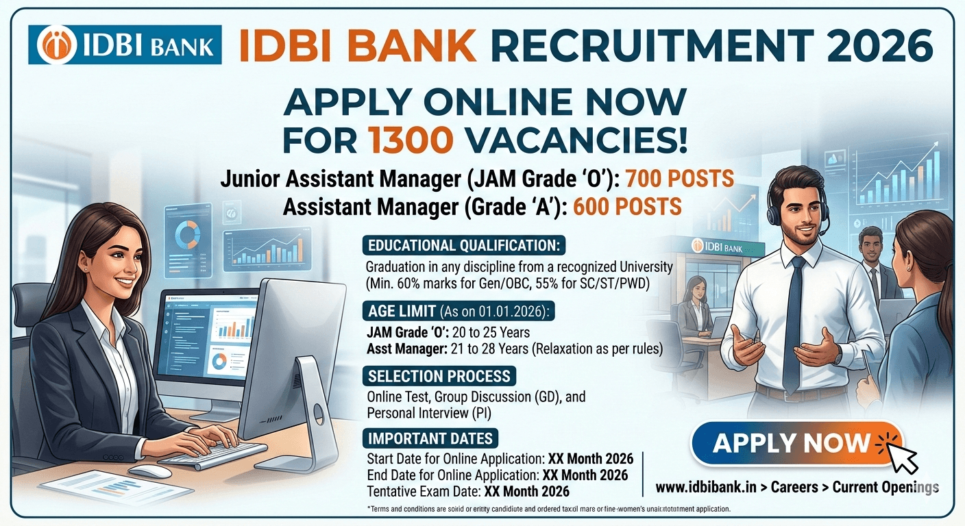 IDBI Bank JAM and Assistant Manager Recruitment 2026 – 1300 Posts